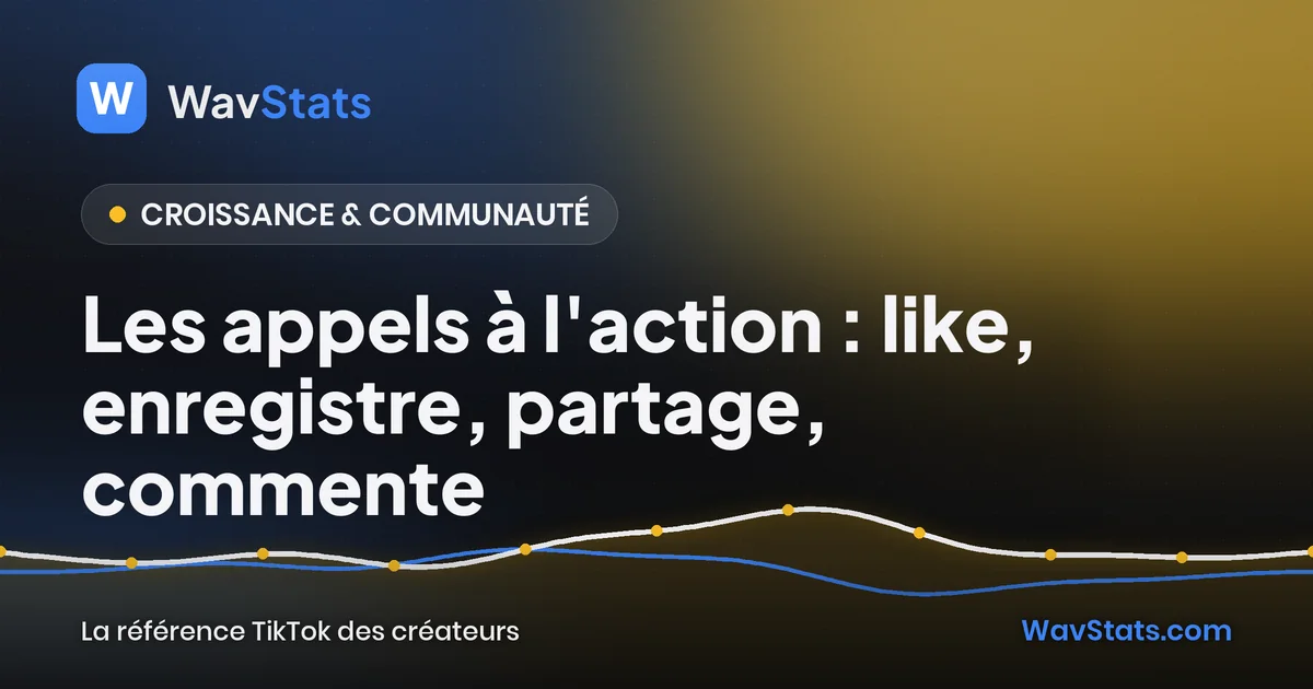 Couverture de l'article « Les appels à l'action : like, enregistre, partage, commente » : Croissance & communauté, blog TikTok WavStats